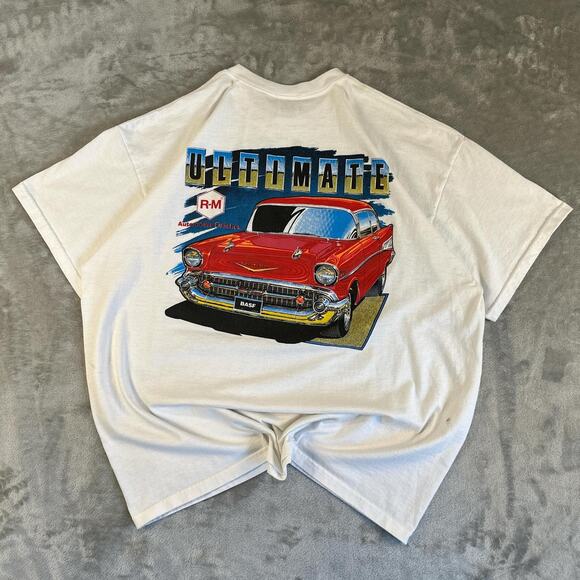 Vintage Ultimate Automotive Graphic T Shirt 1957 Chevy RM BASF White 2XL